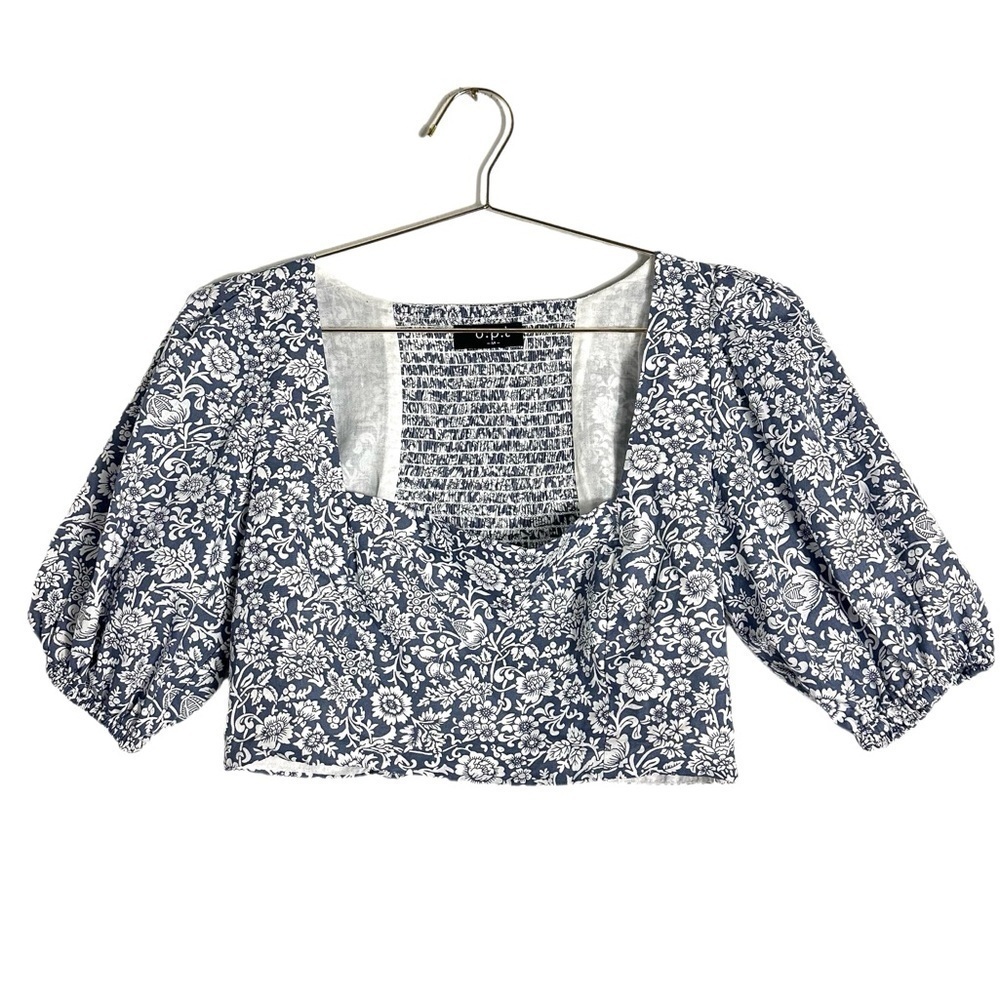 Anthropologie Opt Blue/white Floral Cropped Puff Sleeve Blouse Size M - Picture 2 of 6